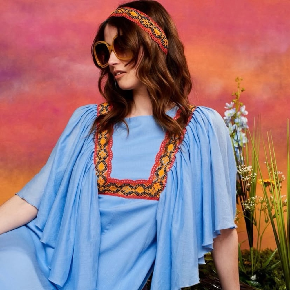 NWT The Hippie Shake Bluebird Sky Blue Trimmed Maxi Dress Boho 60s/70s